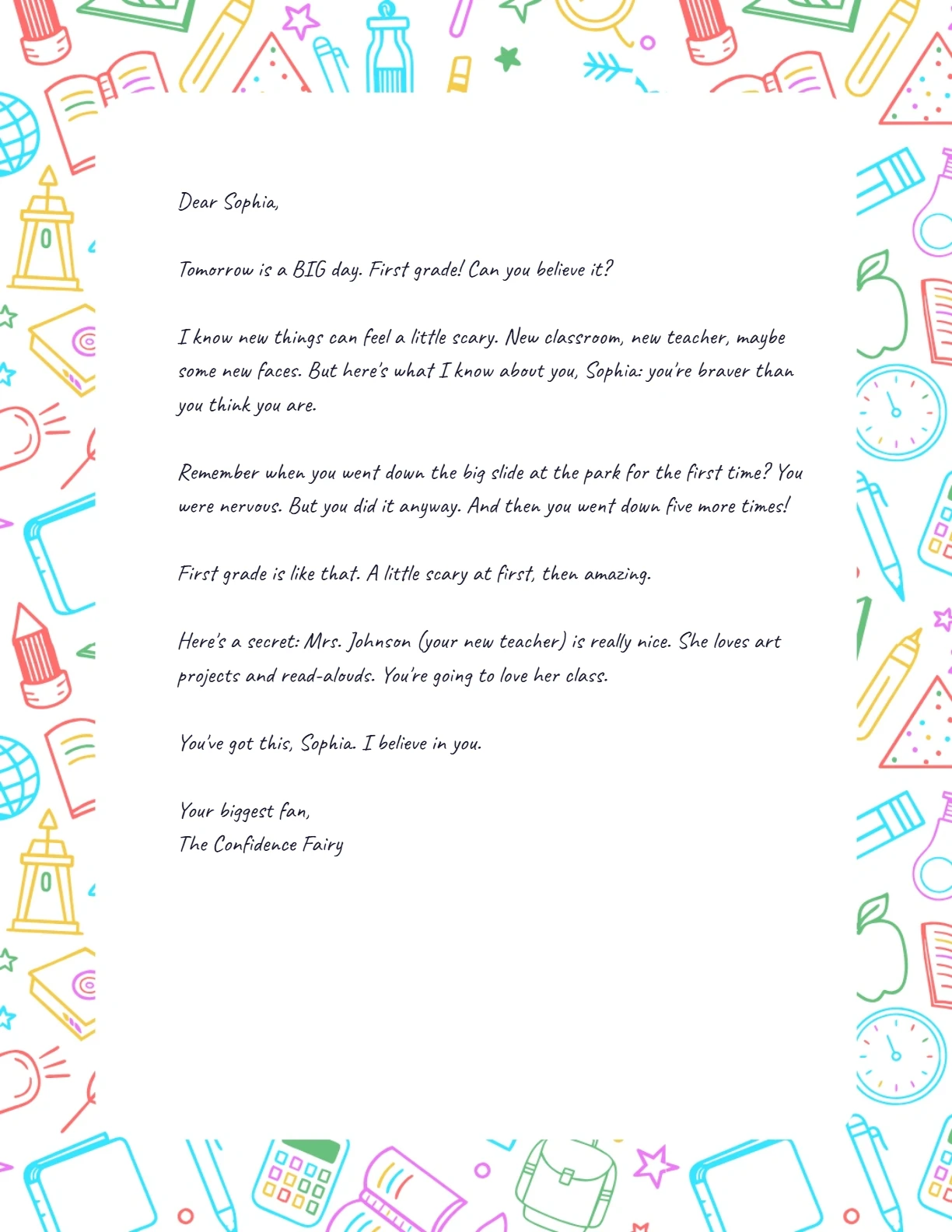 First Day Letter (age 6, starting 1st grade) — personalized letter on real letterhead
