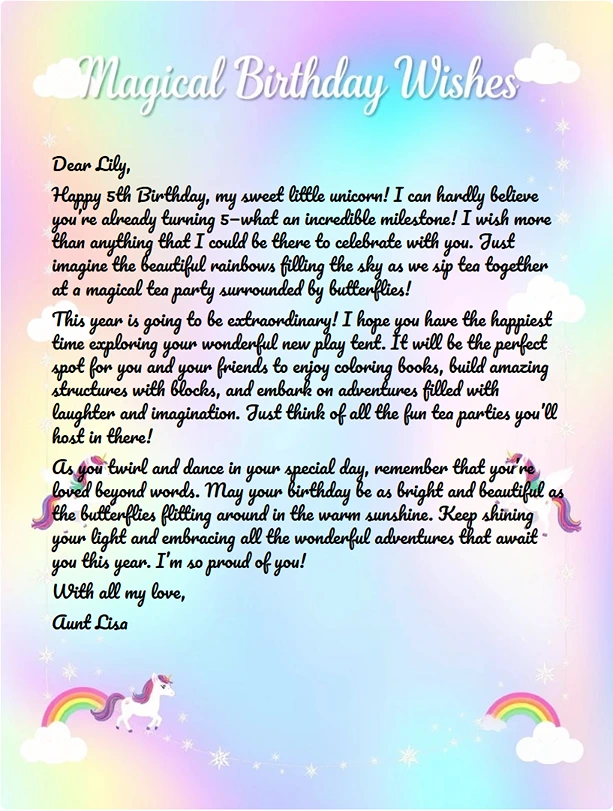 Birthday fairy letter inviting Lily to a magical unicorn tea party