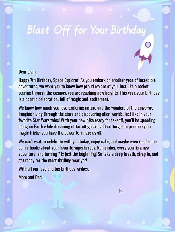 Space explorer birthday letter for Liam with astronaut theme