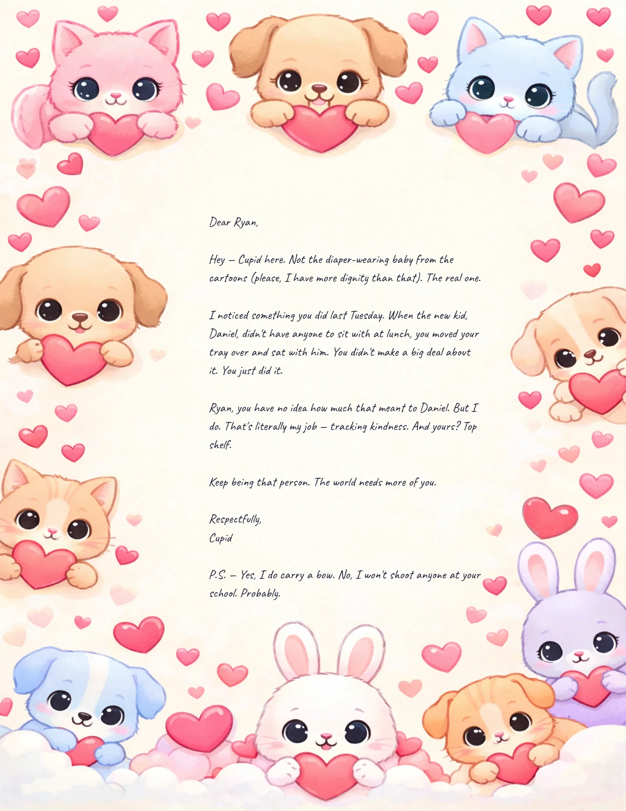 Kindness Recognition (age 9) — personalized letter on real letterhead