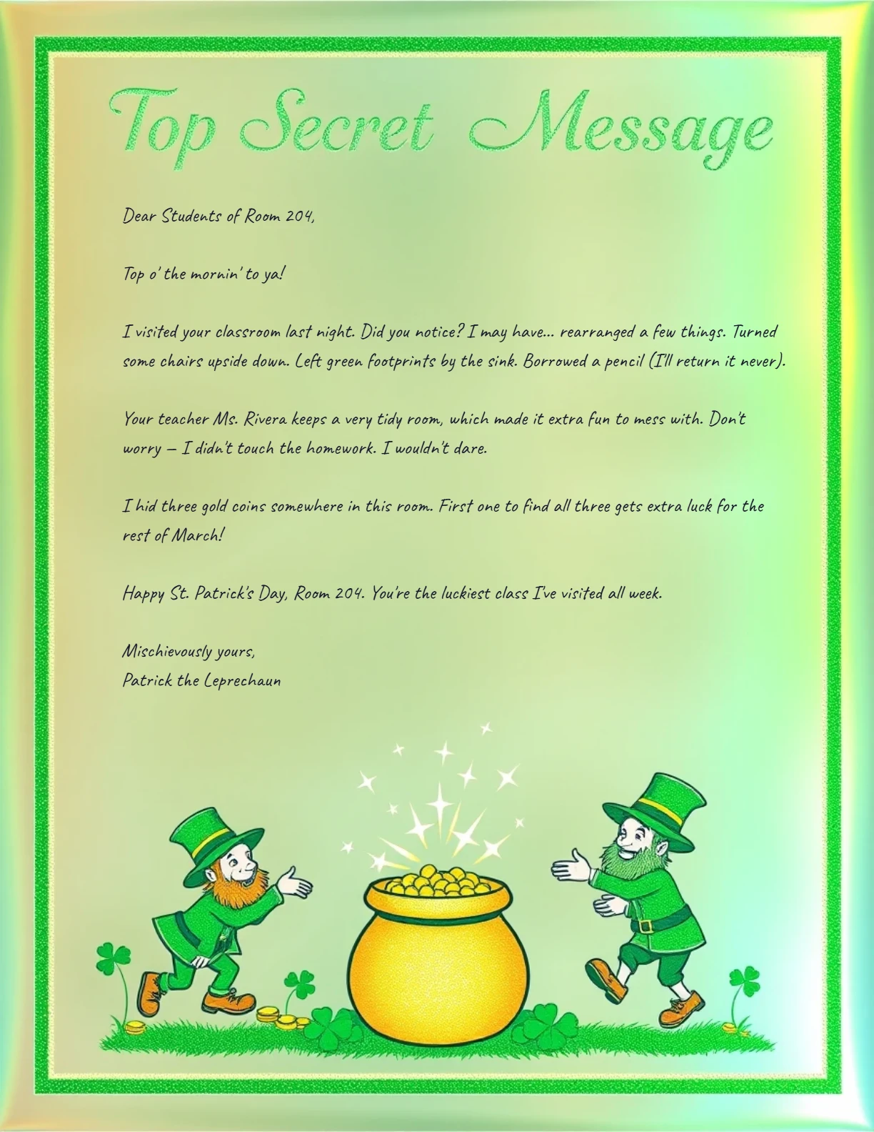 Classroom Leprechaun (teacher use) — personalized letter on real letterhead