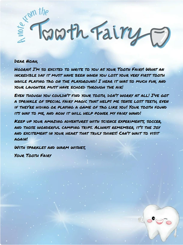 Personalized Tooth Fairy letter congratulating Noah on losing his first tooth