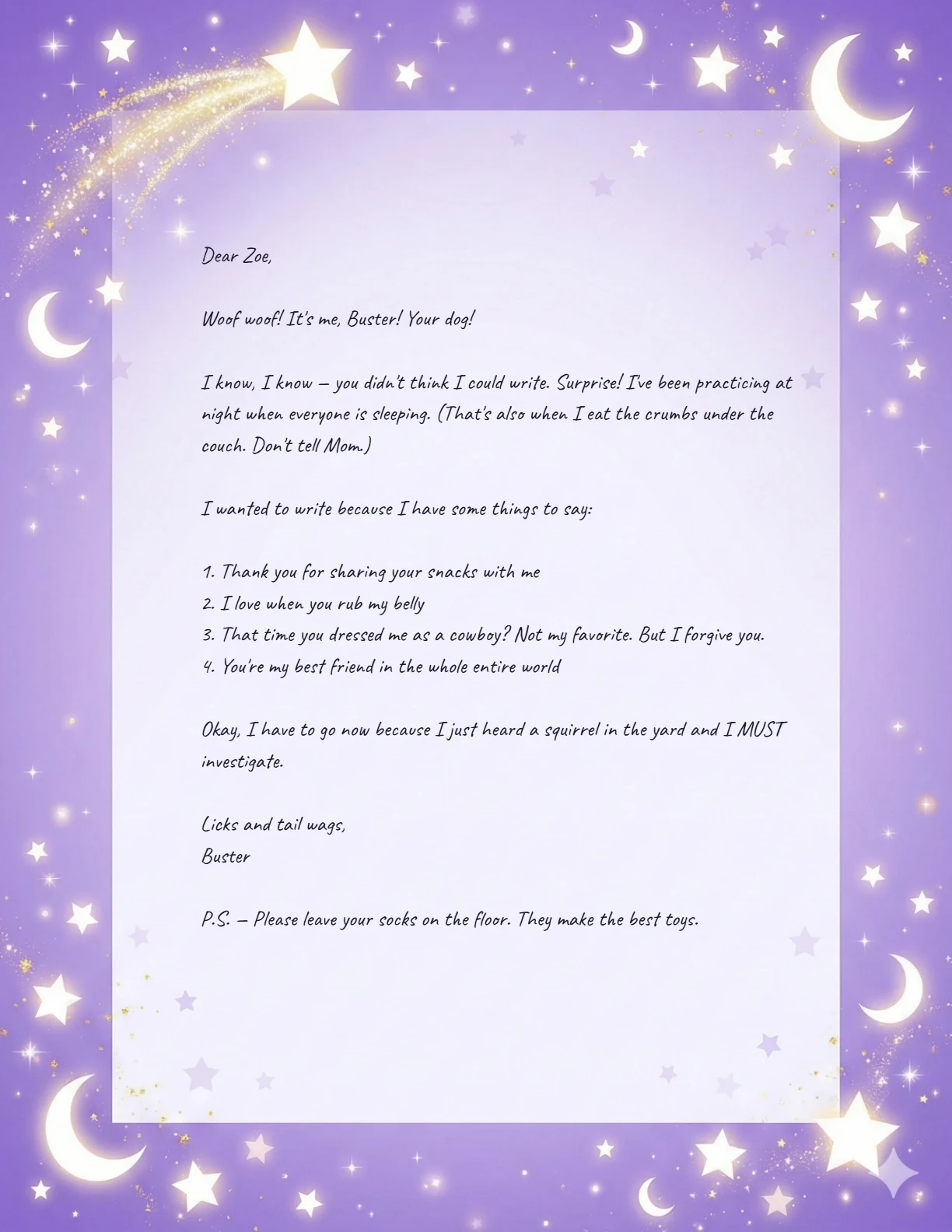 Letter from a Family Pet (age 5) — personalized letter on real letterhead