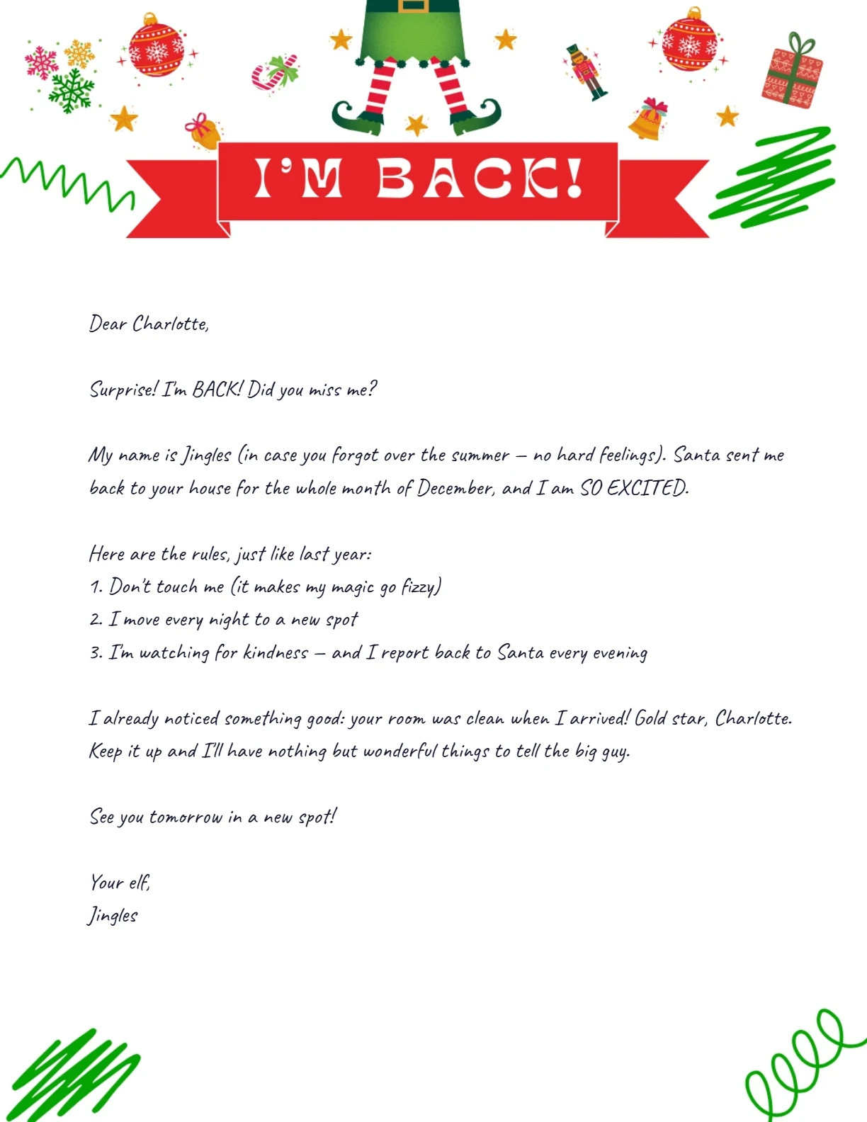 Elf Arrival Letter (age 5) — personalized letter on real letterhead