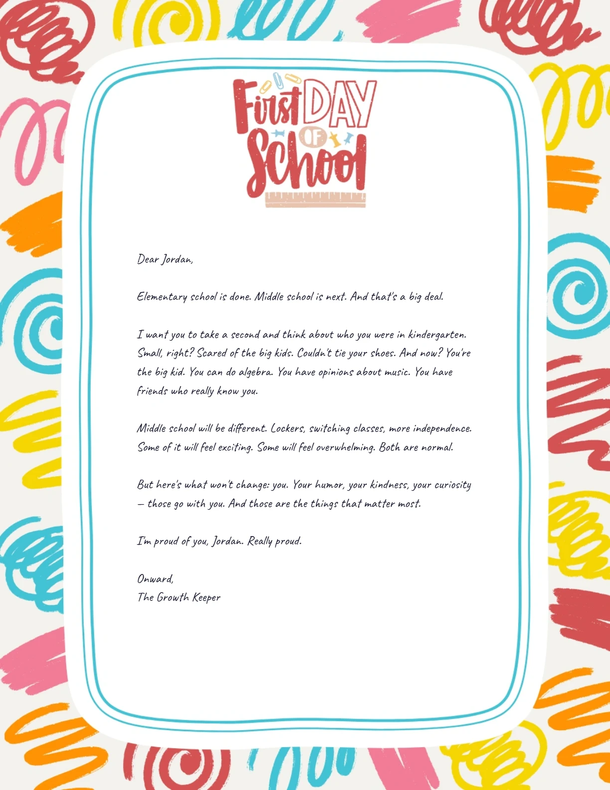 Moving to Middle School (age 11) — personalized letter on real letterhead