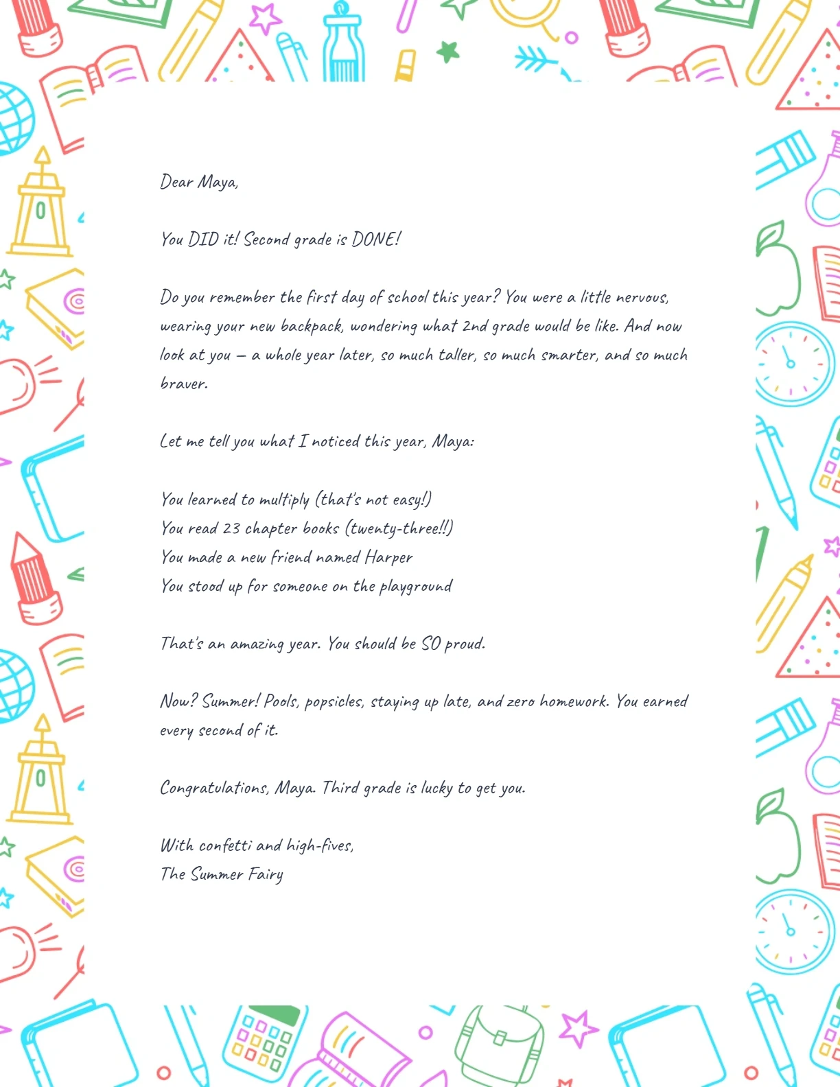 End of 2nd Grade Letter — personalized letter on real letterhead