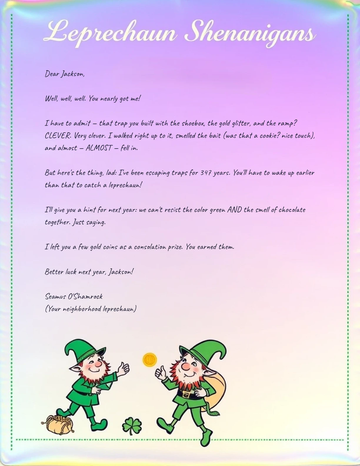 Trap Escape Letter (age 6) — personalized letter on real letterhead