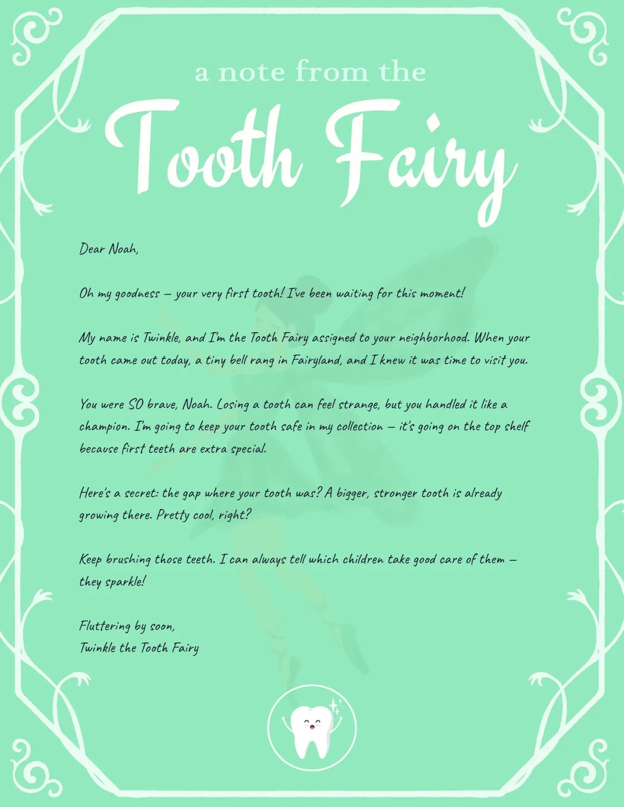 First Tooth Letter (age 5) — personalized letter on real letterhead
