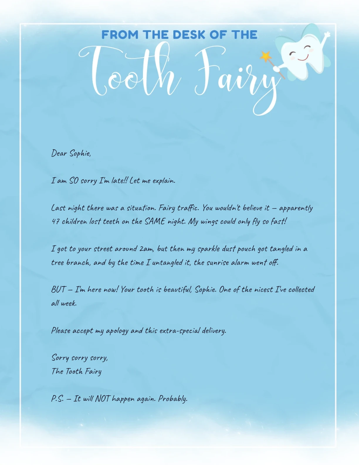 "Tooth Fairy Forgot" Letter (any age) — personalized letter on real letterhead