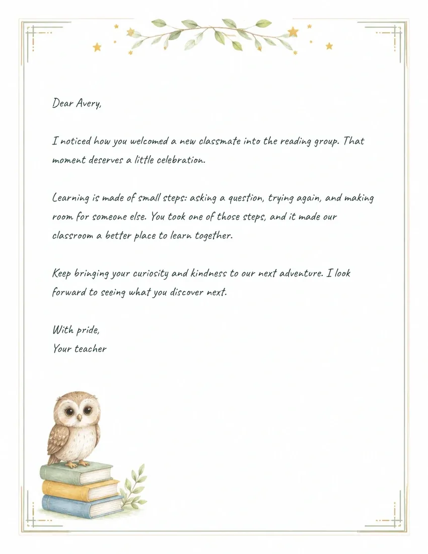 A sample classroom recognition letter for Avery on reading owl letterhead