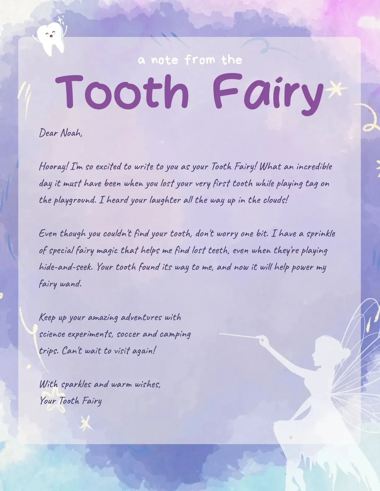 Personalized Tooth Fairy letter congratulating Noah on losing his first tooth